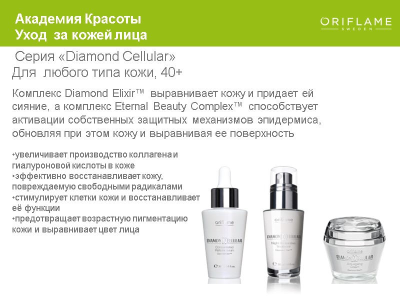 Для  любого типа кожи, 40+ Серия «Diamond Cellular» Комплекс Diamond Elixir™ выравнивает кожу
